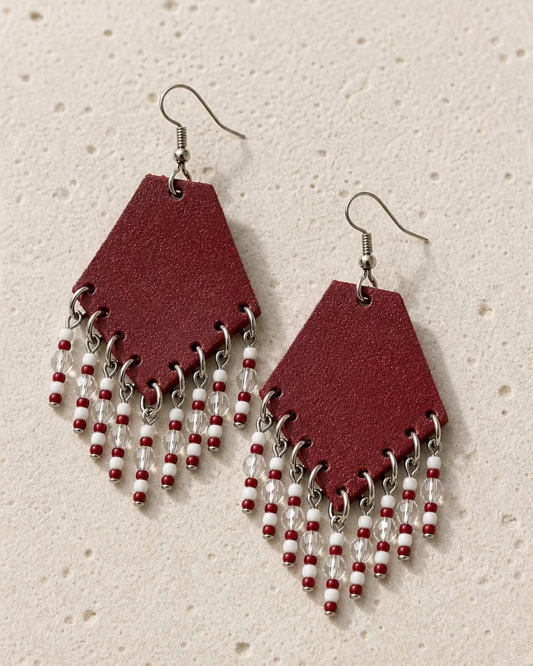 Raya red leather beaded fan earrings with silver hook - view 2