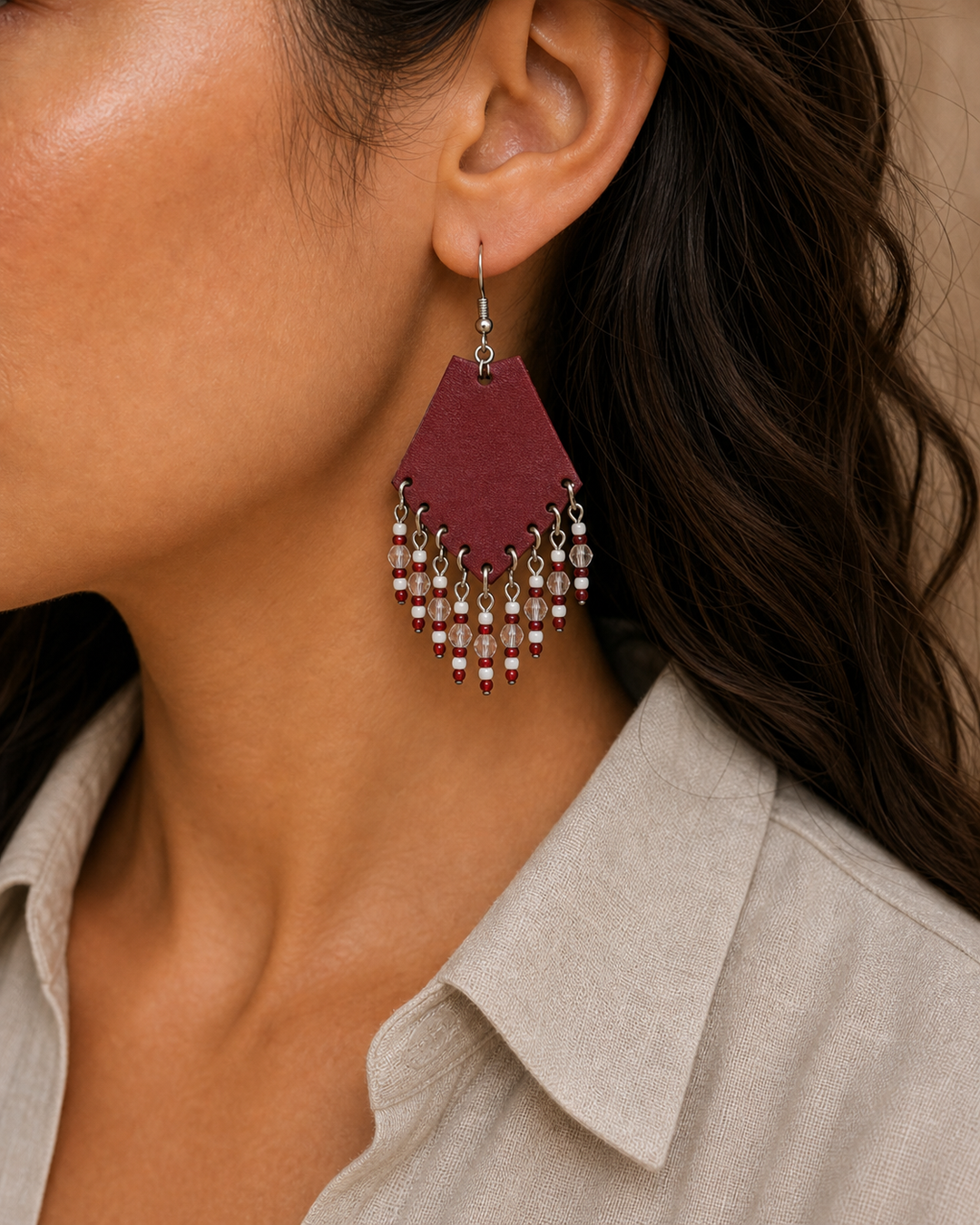 Raya red leather beaded fan earrings with silver hook - view 3