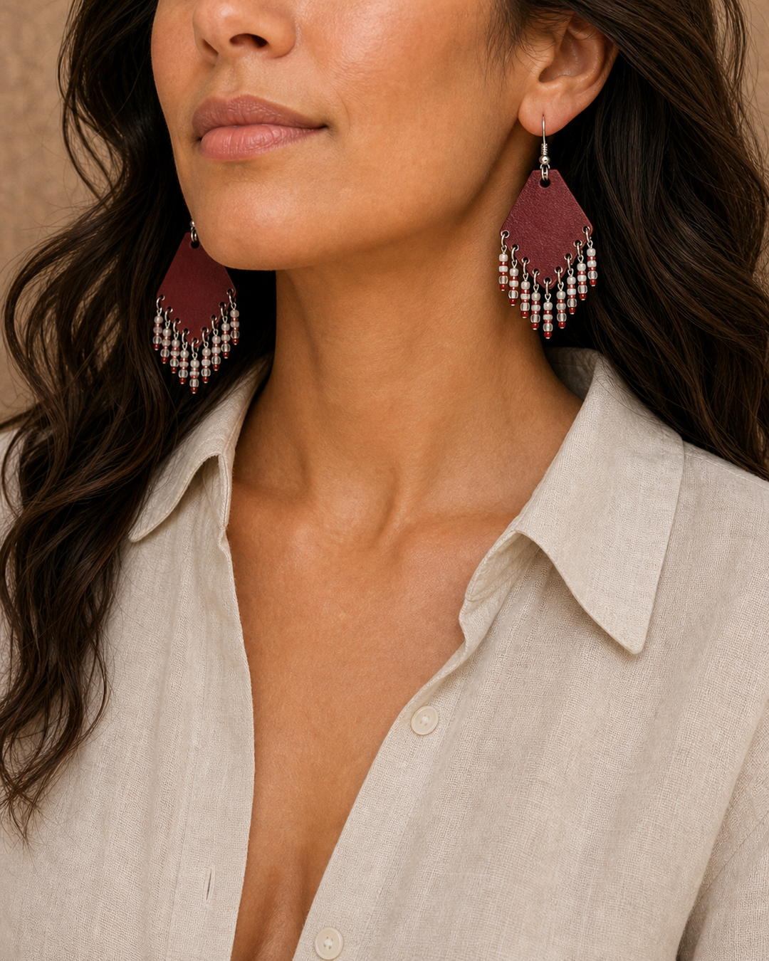Raya red leather beaded fan earrings with silver hook - view 4
