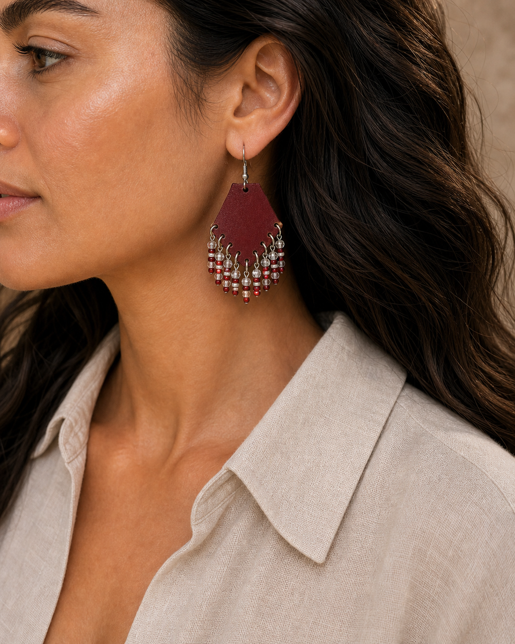 Raya red leather beaded fan earrings with silver hook - view 5