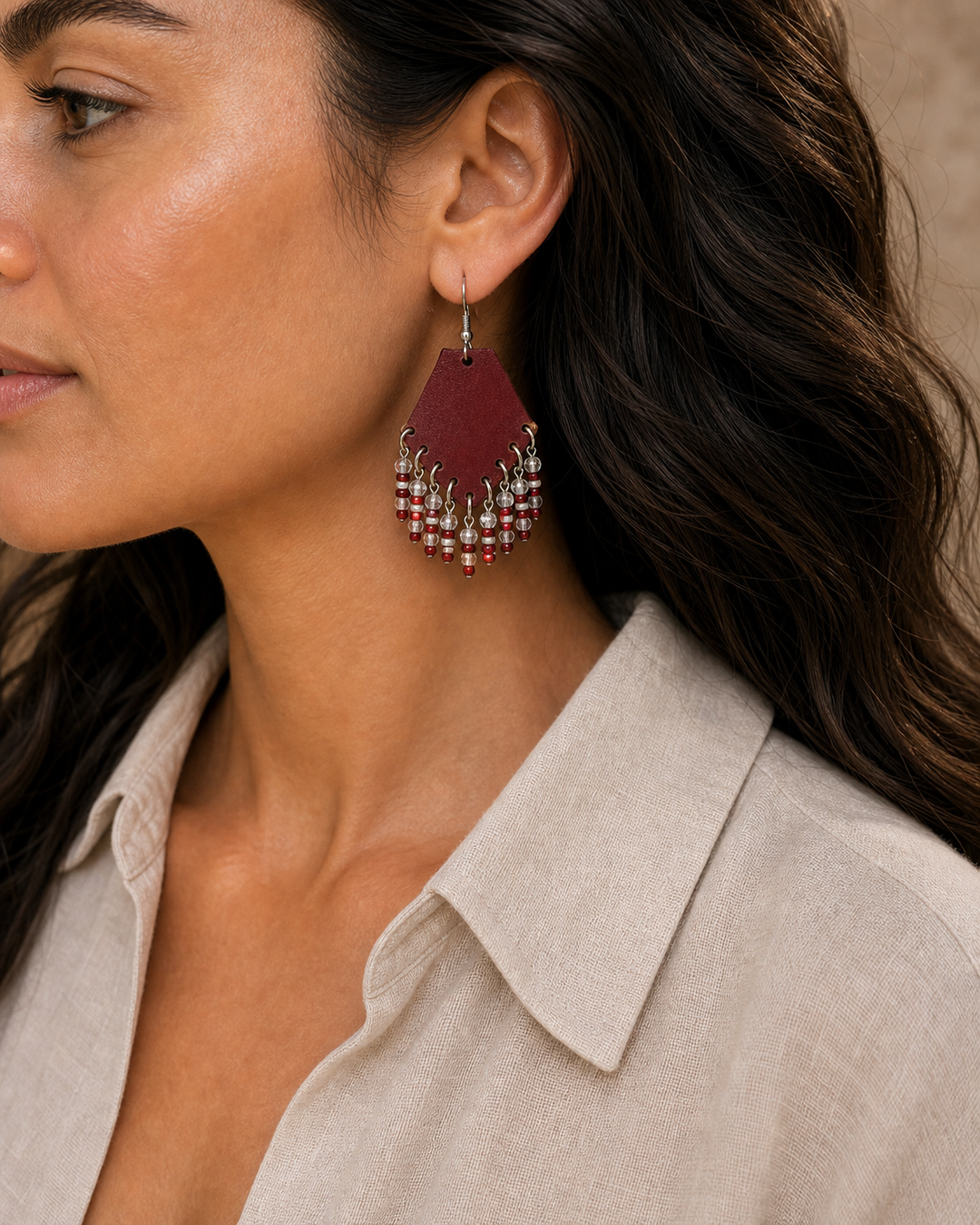 Raya red leather beaded fan earrings with silver hook - view 5