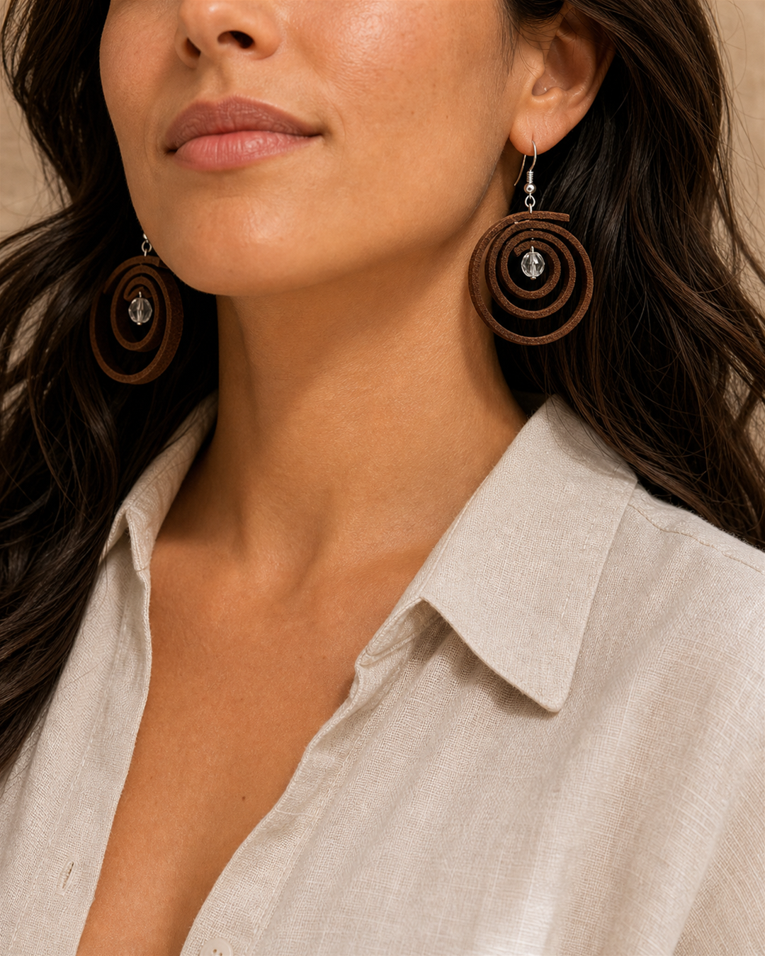 Rovena brown spiral drop earrings with silver hook and clear crystal bead - view 2