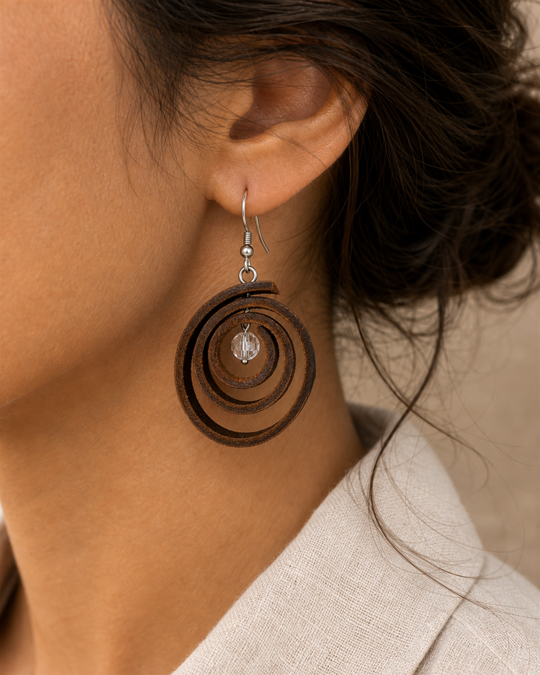 Rovena brown spiral drop earrings with silver hook and clear crystal bead - view 3