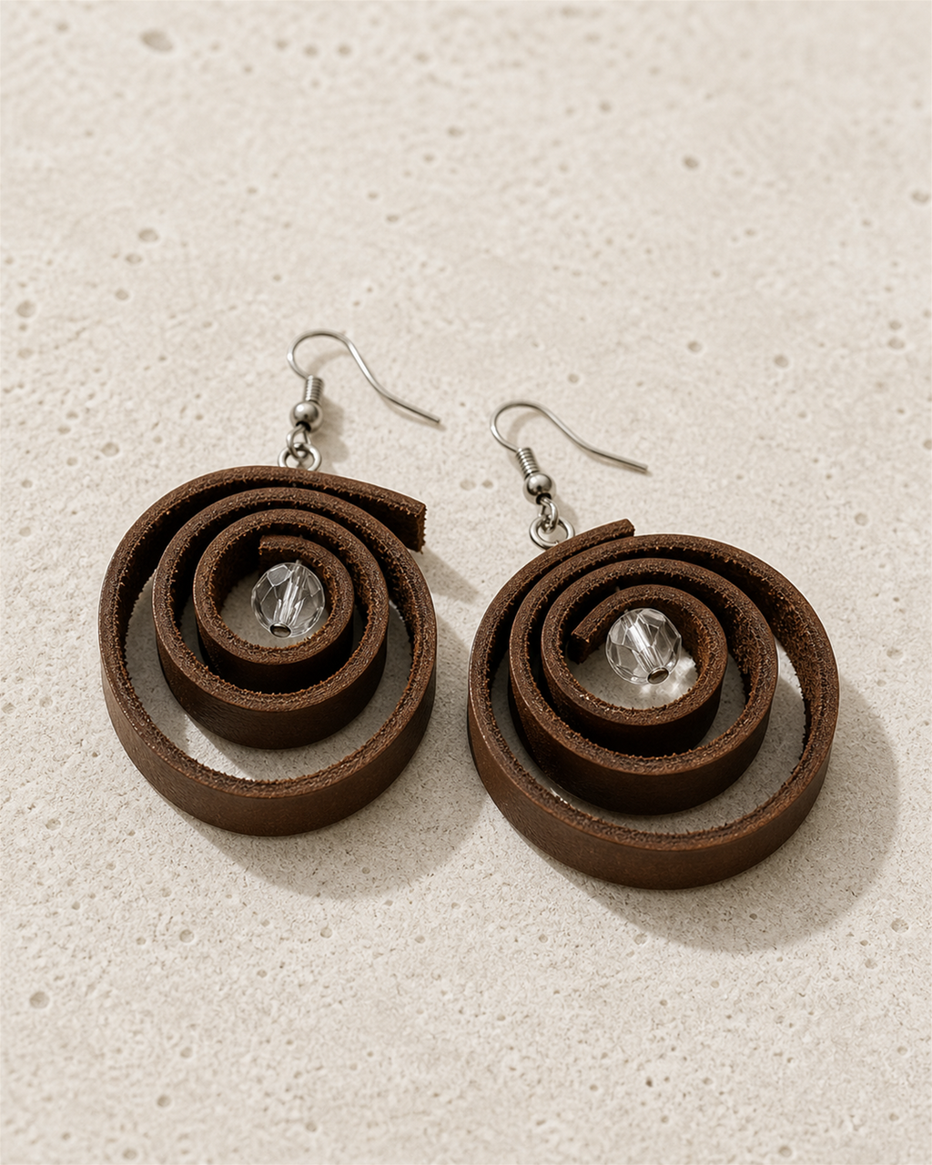 Rovena brown spiral drop earrings with silver hook and clear crystal bead - view 4