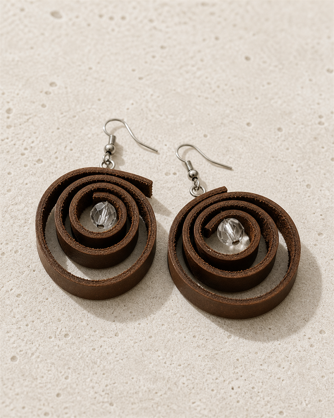 Rovena brown spiral drop earrings with silver hook and clear crystal bead - view 4