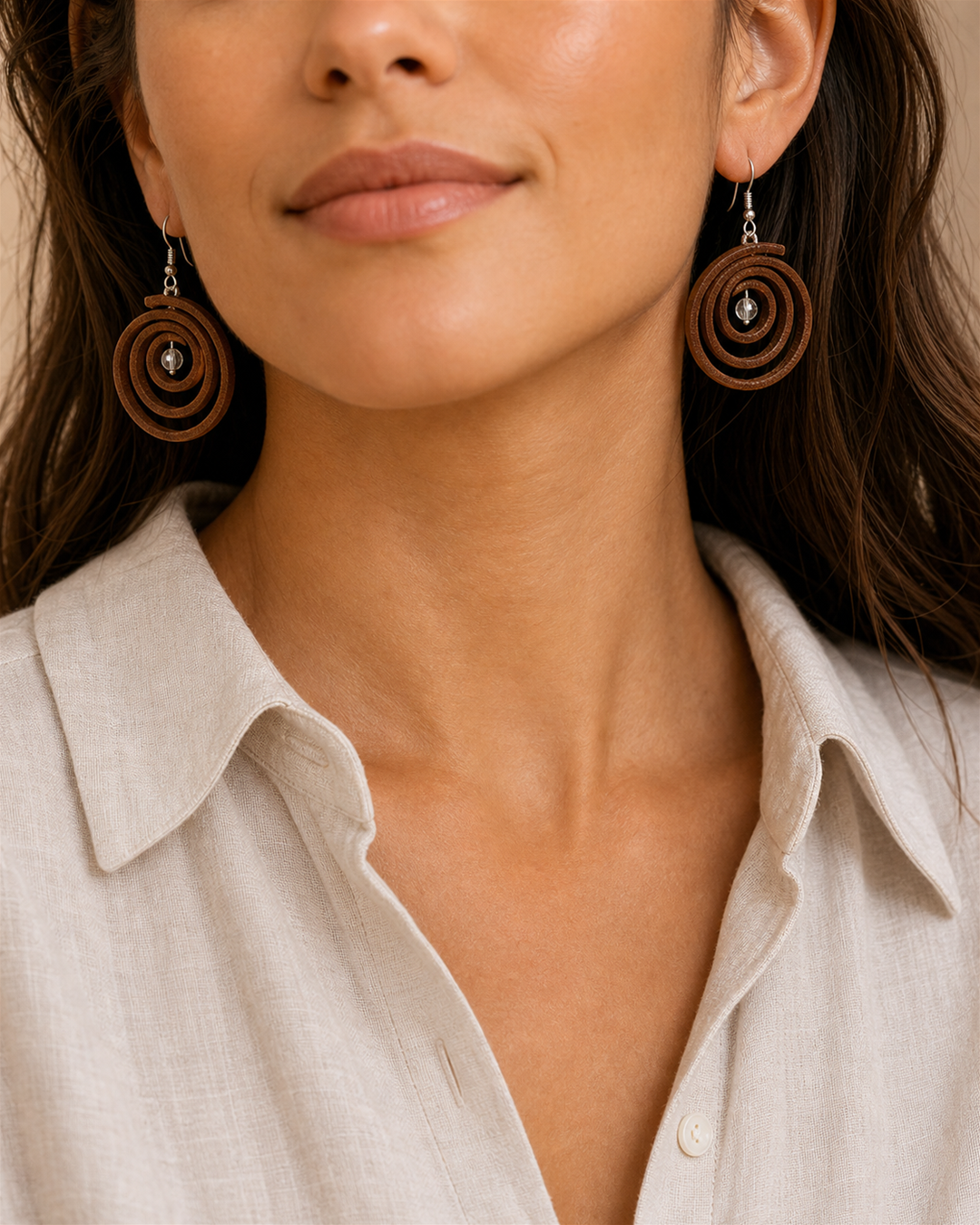 Rovena brown spiral drop earrings with silver hook and clear crystal bead - view 5