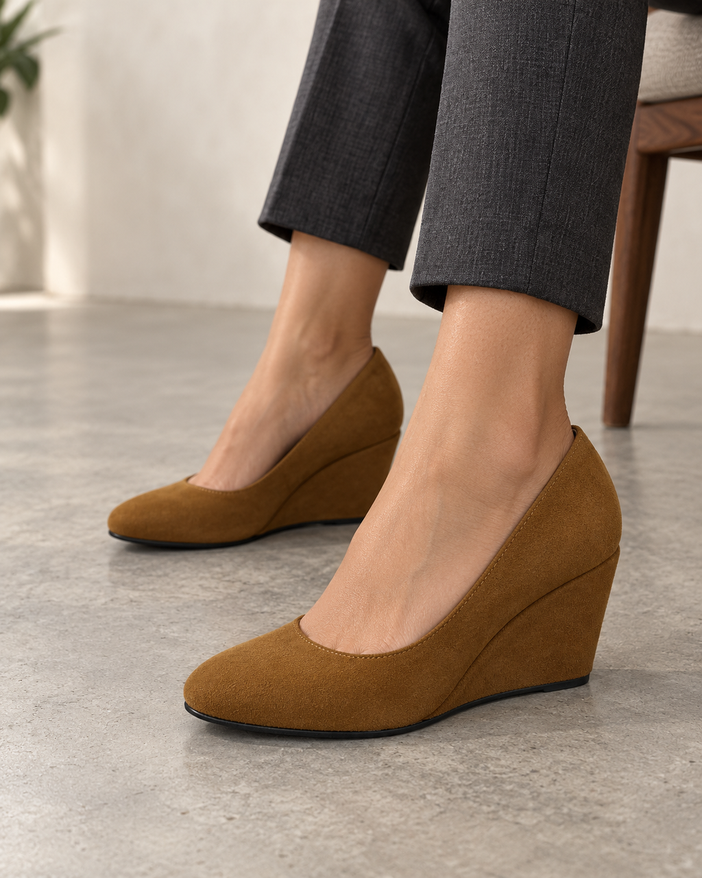 Adult woman wearing Sarabande caramel-brown wedge pumps, seated front three-quarter view with charcoal trousers
