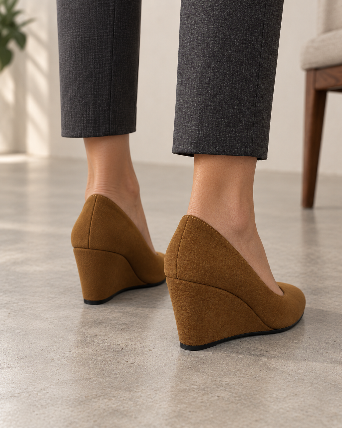 Adult woman wearing Sarabande caramel-brown wedge pumps, standing rear three-quarter view