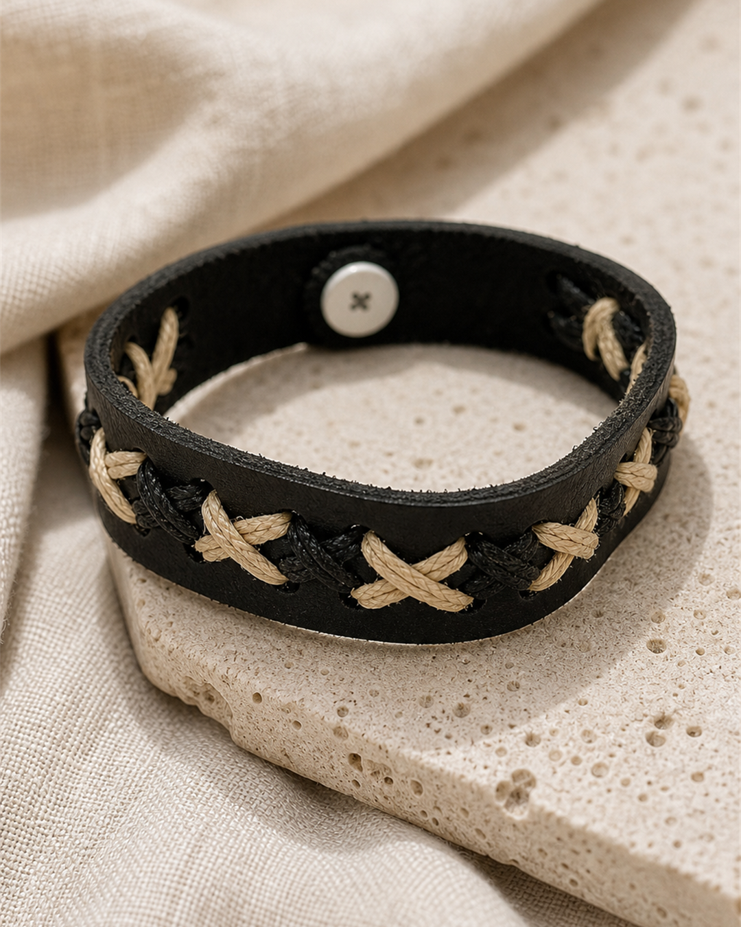 Serrin black leather cuff bracelet with cream X-stitch lacing on female model - view 4
