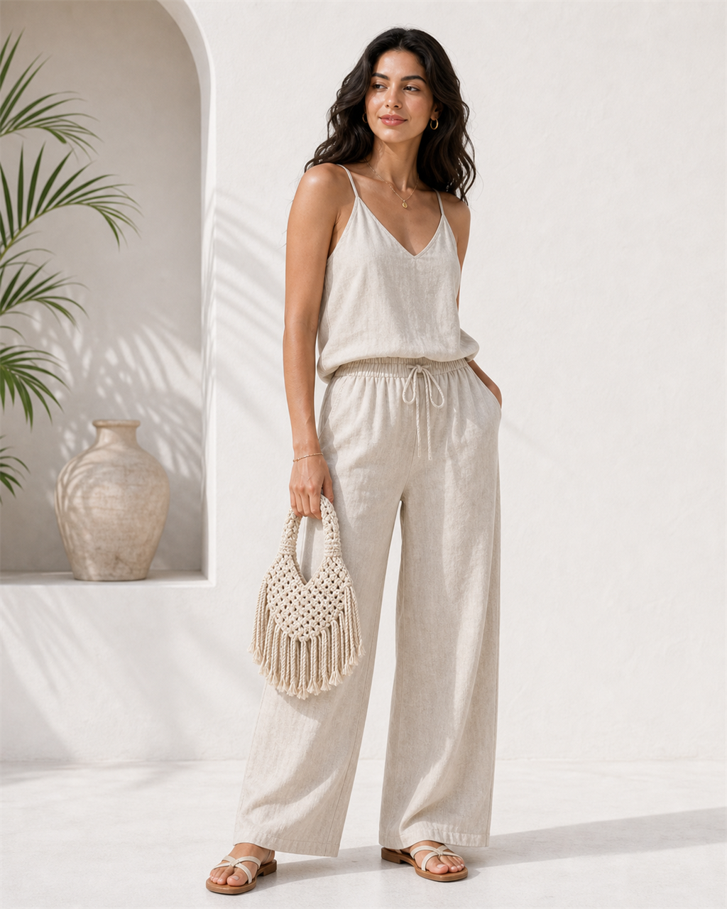 Solmara cream macrame mini beach bag on female model - view 1