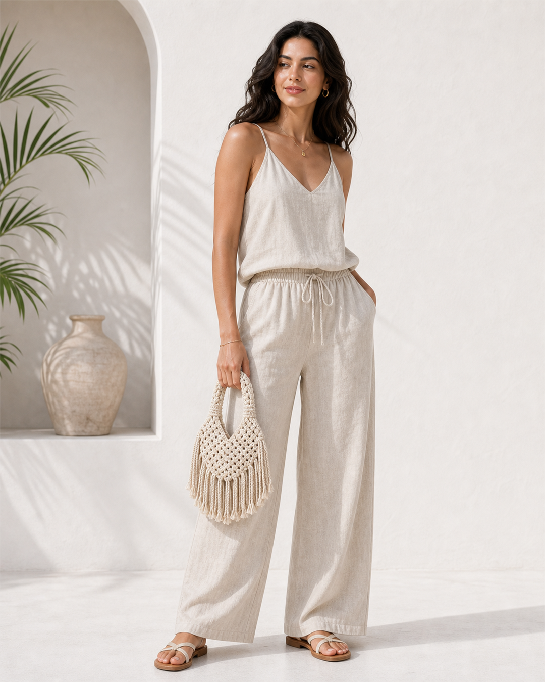 Solmara cream macrame mini beach bag on female model - view 1