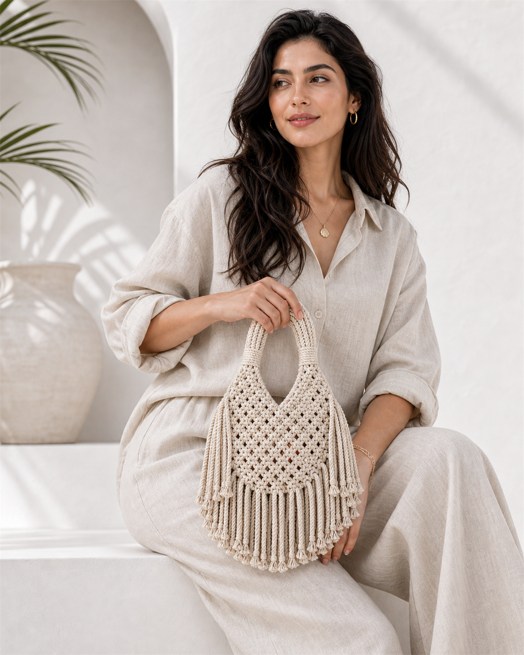 Solmara cream macrame mini beach bag on female model - view 2