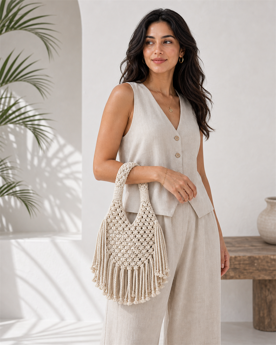 Solmara cream macrame mini beach bag on female model - view 3