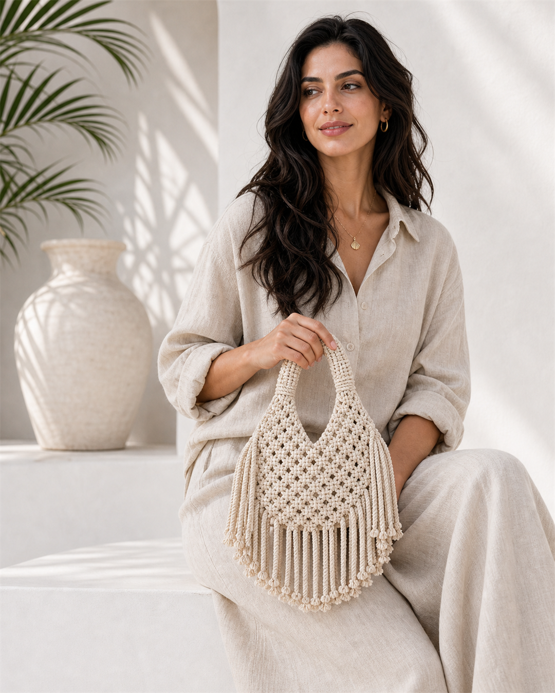 Solmara cream macrame mini beach bag on female model - view 5