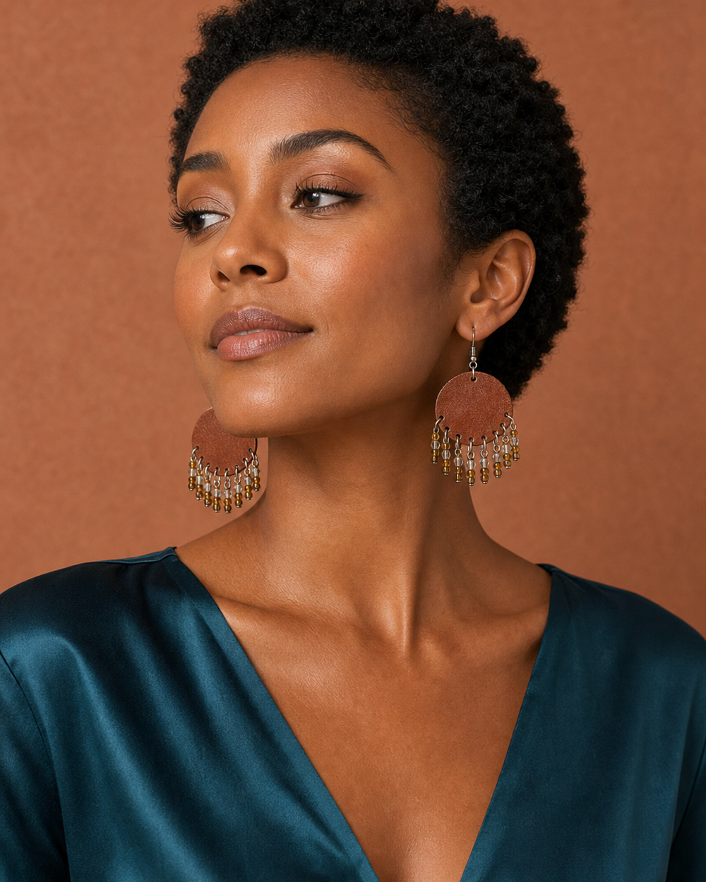 True 4:5 terracotta studio portrait featuring The Cognac Fringe Earrings