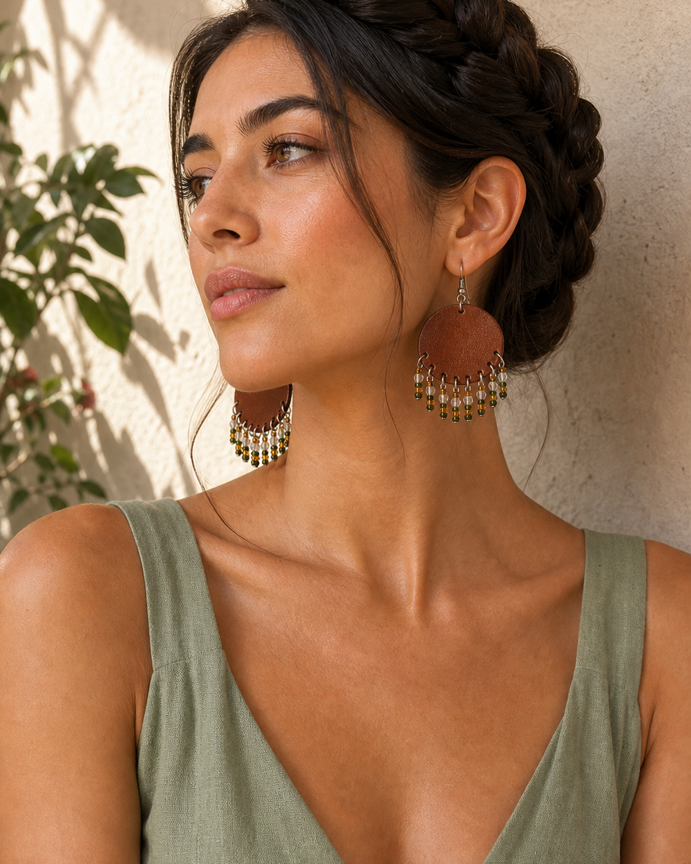 True 4:5 sunlit lifestyle portrait of a woman wearing The Cognac Fringe Earrings