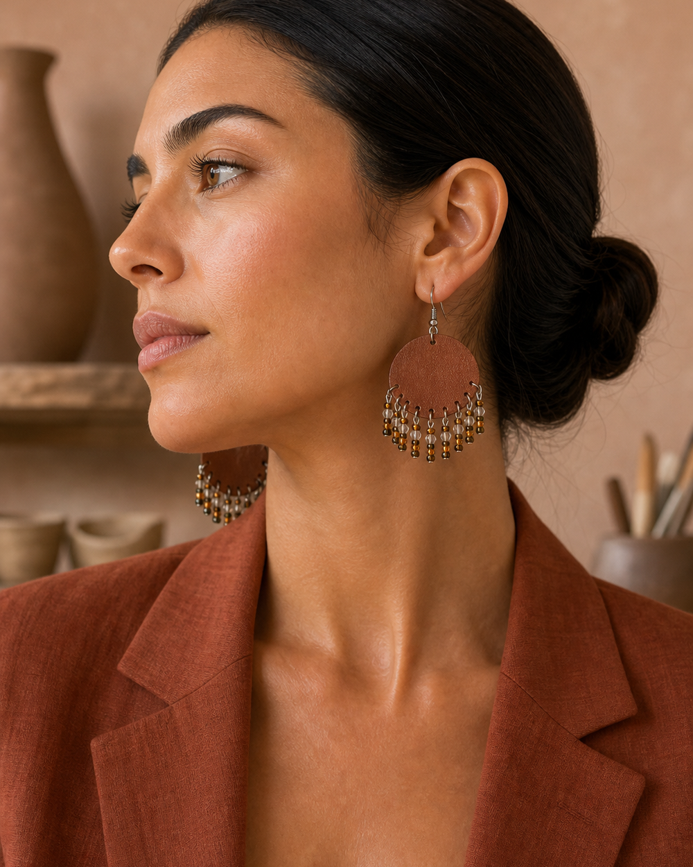 True 4:5 side profile of a woman wearing The Cognac Fringe Earrings