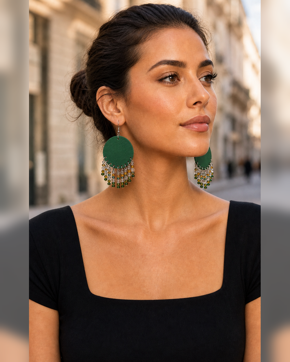 Outdoor lifestyle portrait featuring The Emerald Fringe Earrings