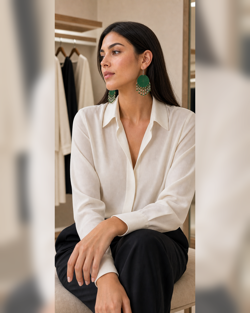 Boutique portrait of a woman wearing The Emerald Fringe Earrings