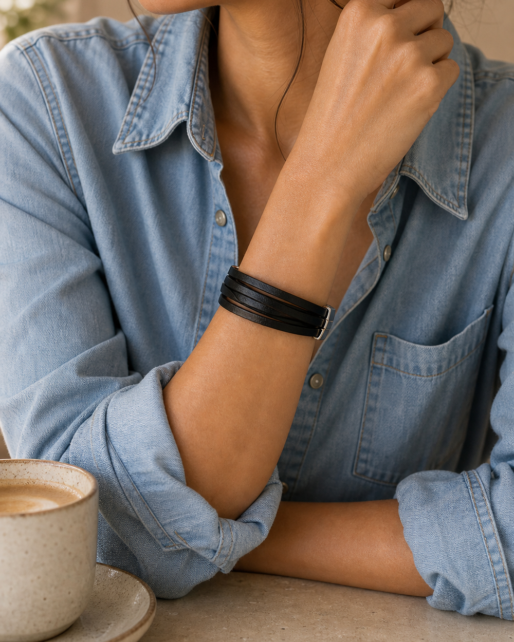 Cafe wrist portrait featuring The Noir Wrap Bracelet