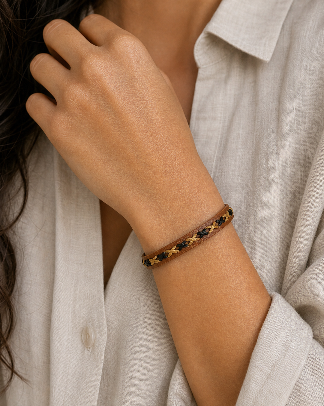 Tova tan leather cuff bracelet with black and golden tan braided lacing - view 1