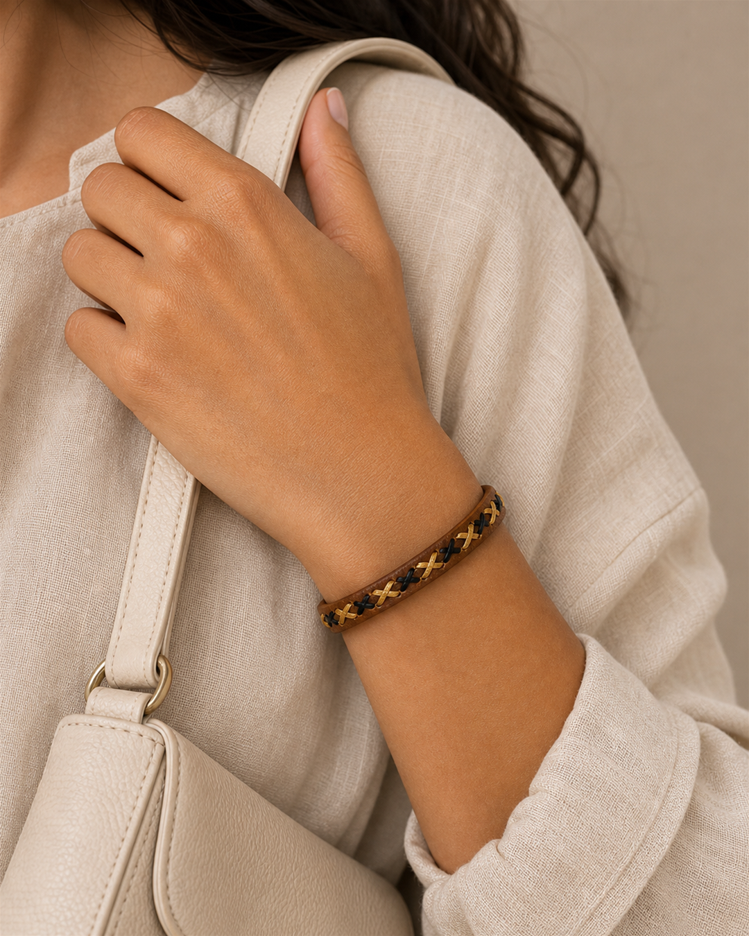 Tova tan leather cuff bracelet with black and golden tan braided lacing - view 2