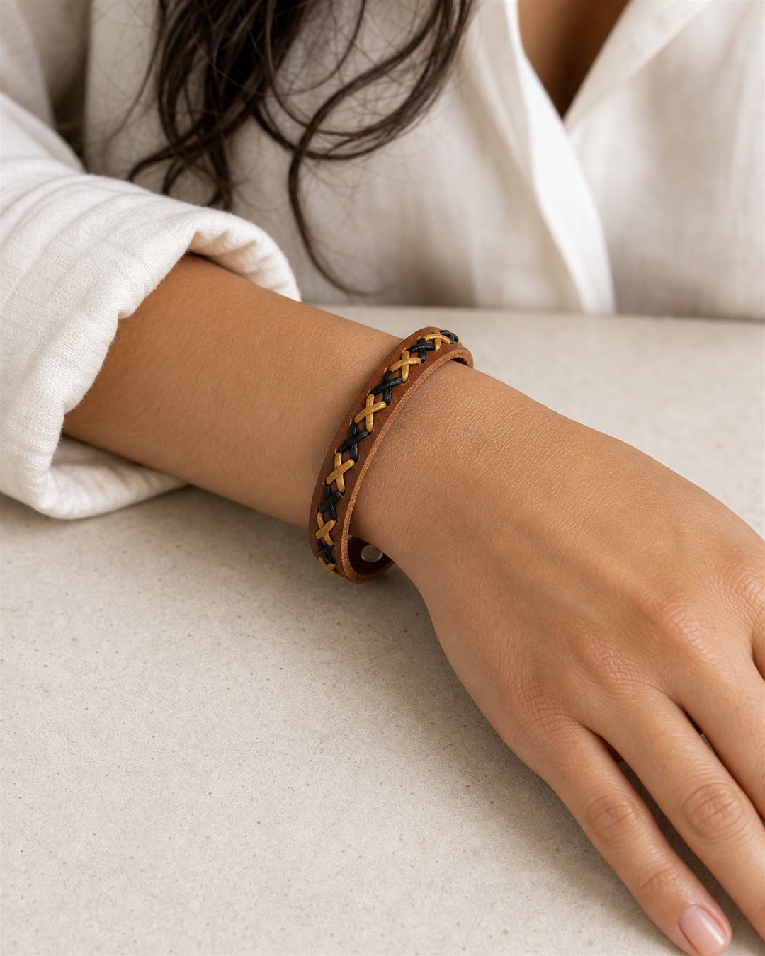 Tova tan leather cuff bracelet with black and golden tan braided lacing - view 3