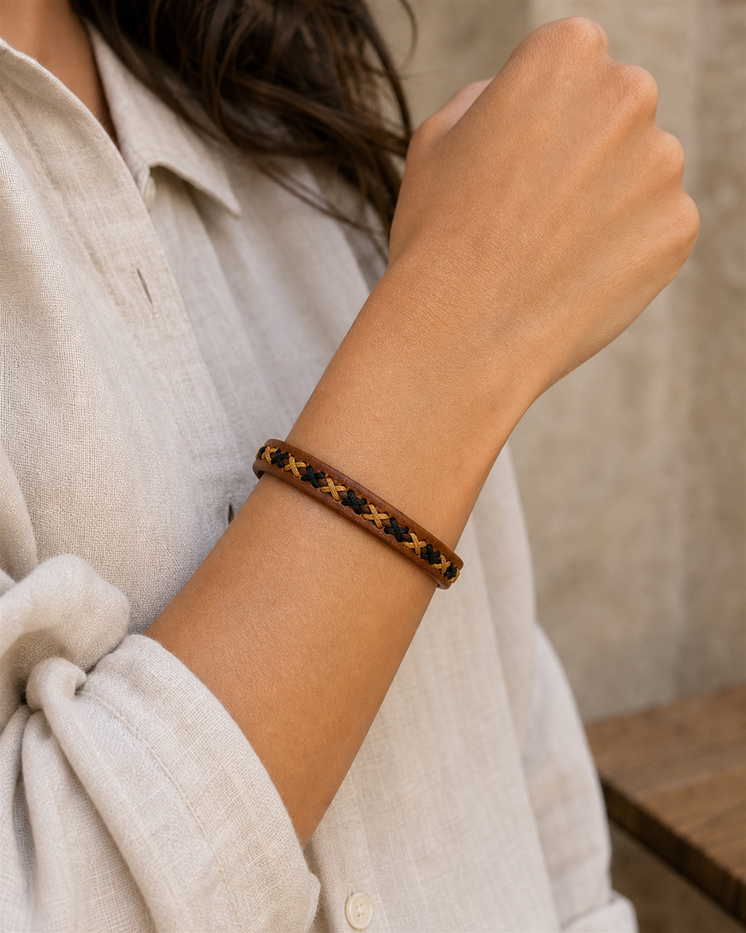Tova tan leather cuff bracelet with black and golden tan braided lacing - view 4