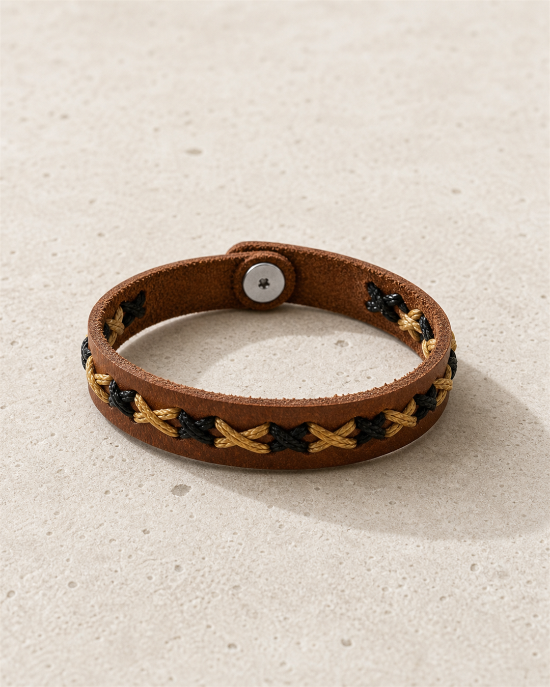 Tova tan leather cuff bracelet with black and golden tan braided lacing - view 5