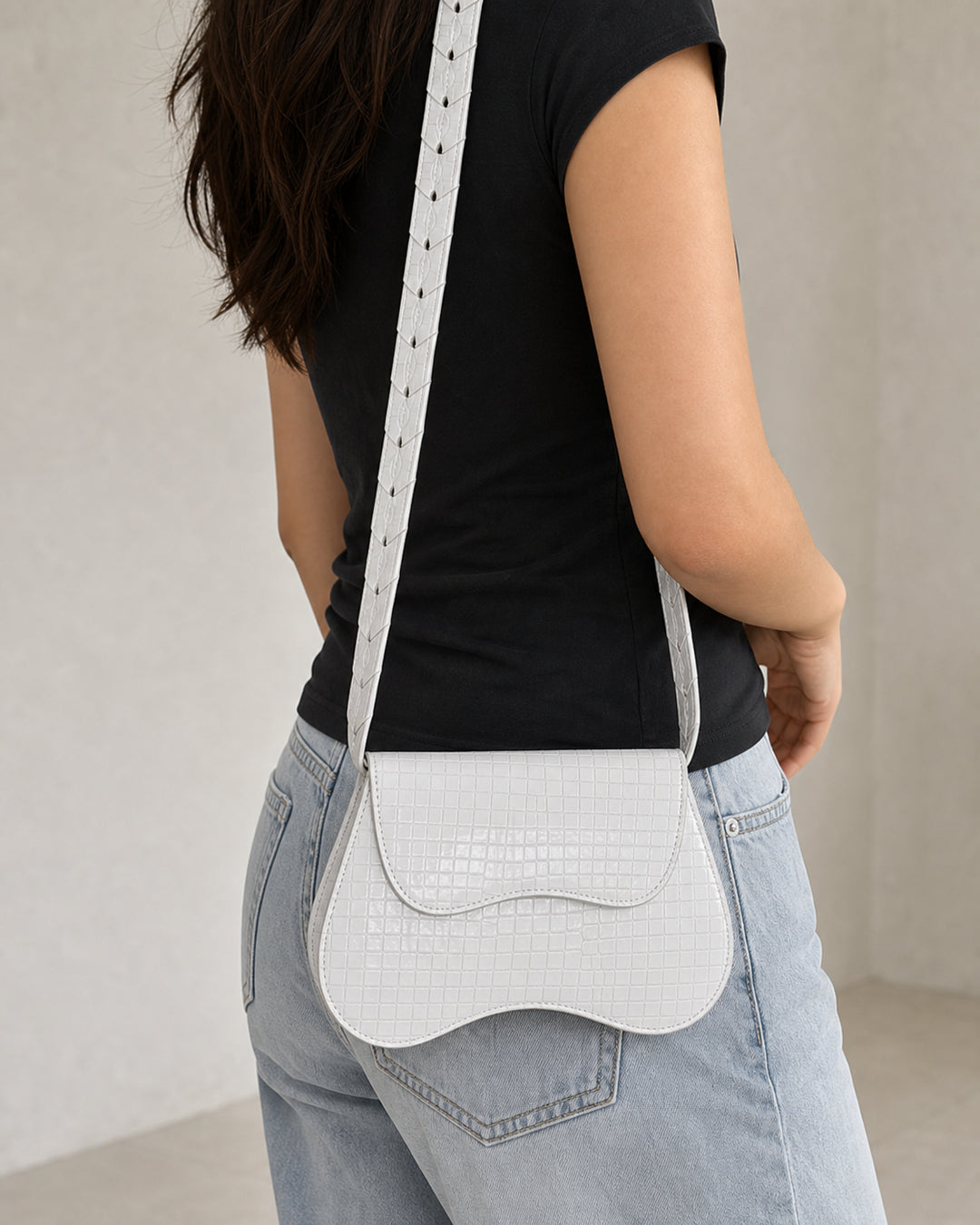 Velora white croc saddle shoulder bag with proportional cutout strap - view 1