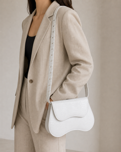 Velora white croc saddle shoulder bag with proportional cutout strap - view 2