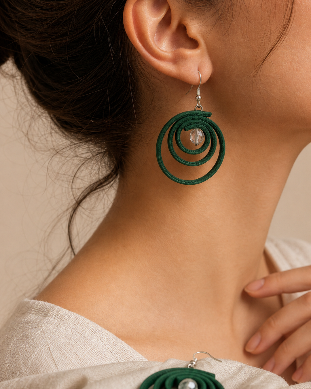 Verdant Orbit emerald green spiral drop earrings with silver hook and crystal bead - view 3