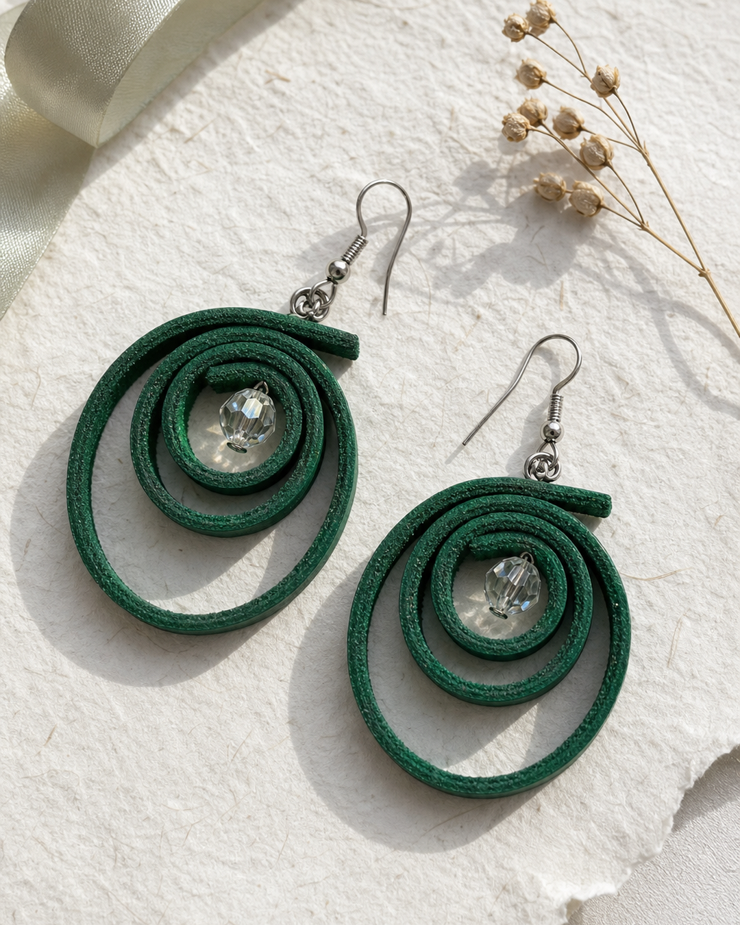 Verdant Orbit emerald green spiral drop earrings with silver hook and crystal bead - view 4
