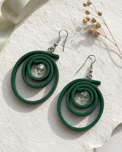 Verdant Orbit emerald green spiral drop earrings with silver hook and crystal bead - view 4