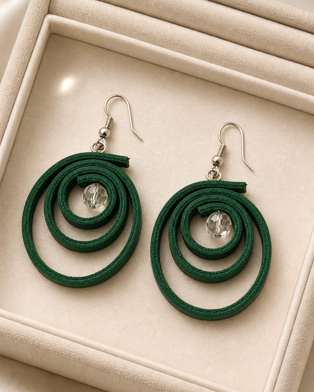 Verdant Orbit emerald green spiral drop earrings with silver hook and crystal bead - view 5