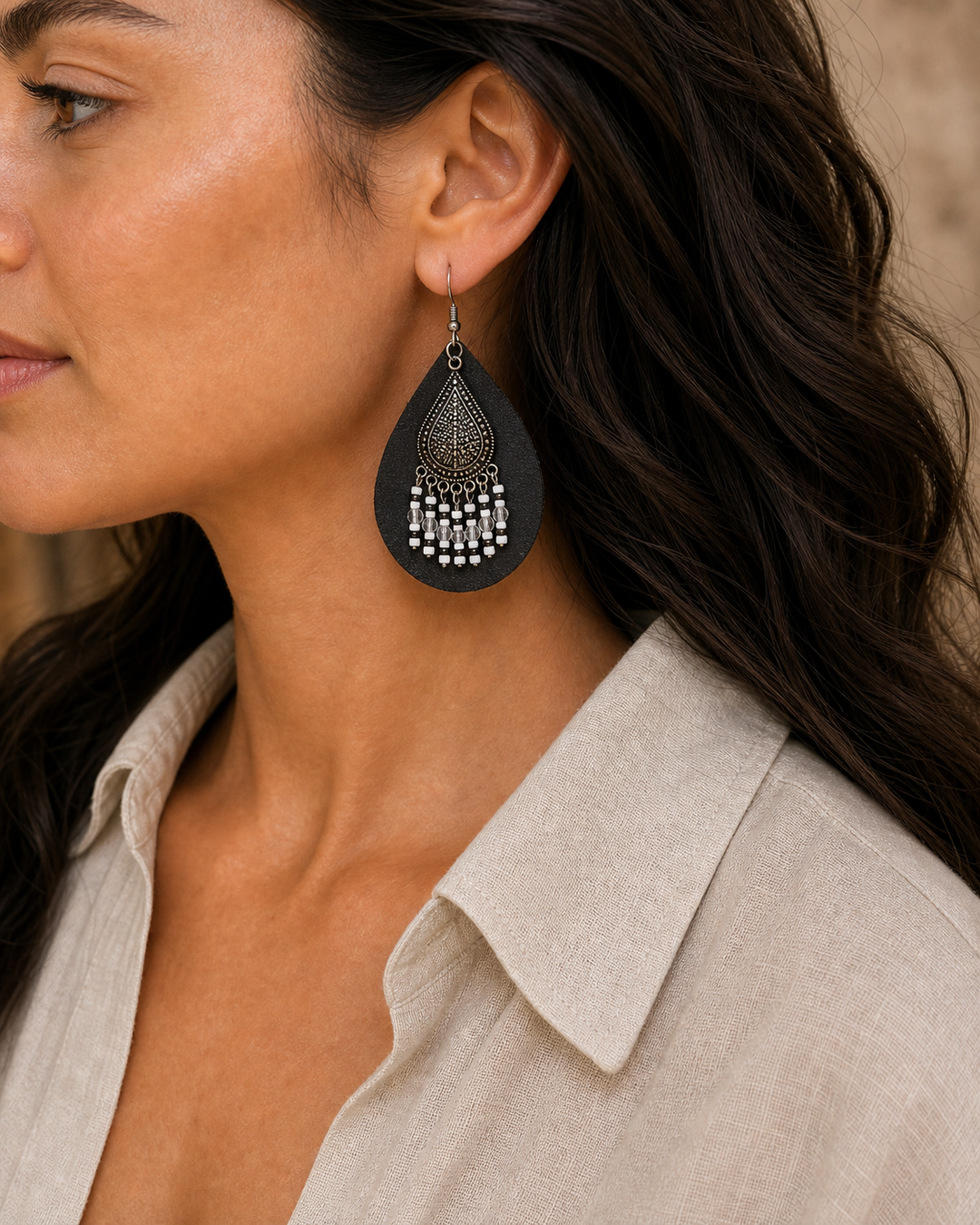 Veyra black leather beaded teardrop earrings with antique silver hook - view 1