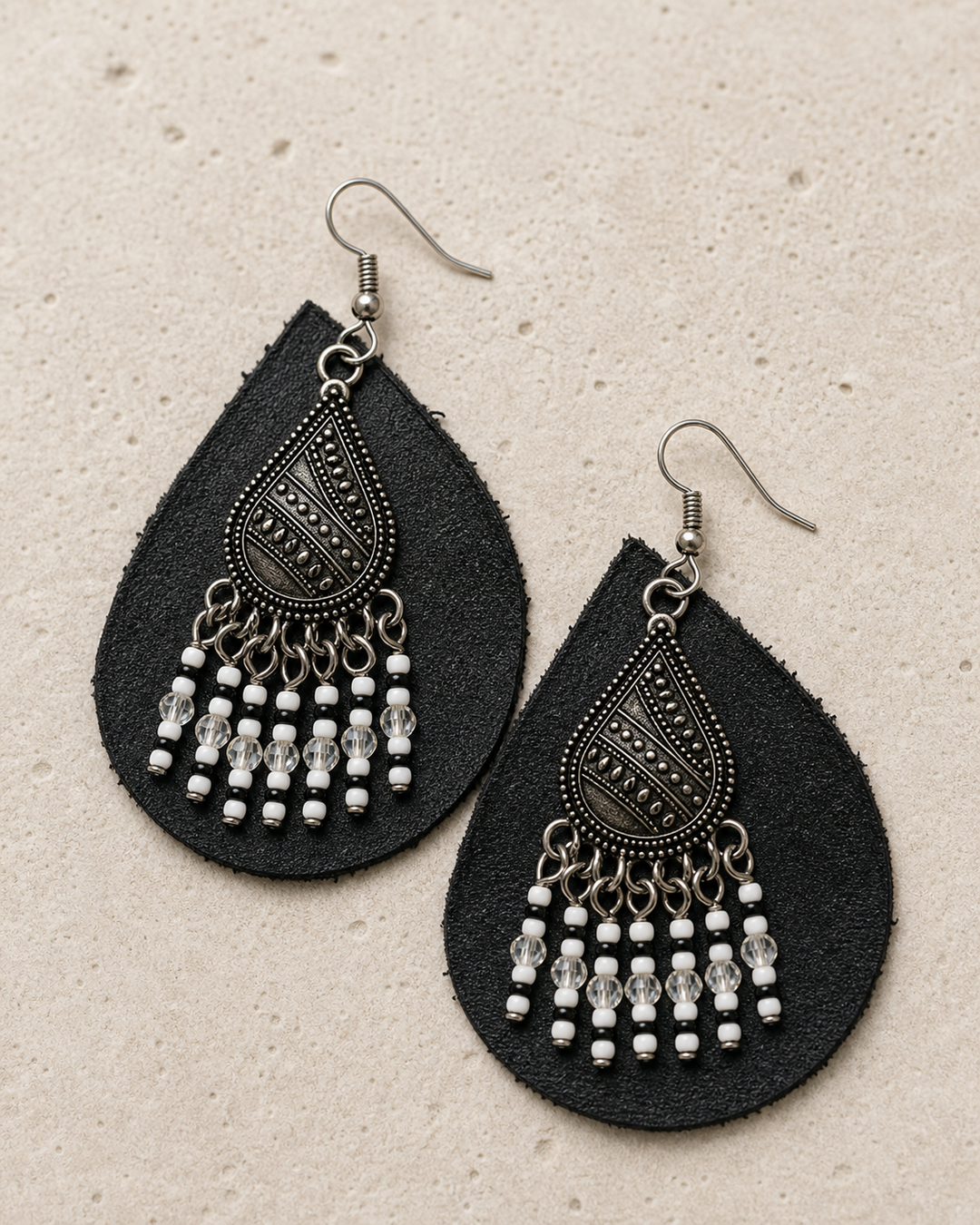 Veyra black leather beaded teardrop earrings with antique silver hook - view 2