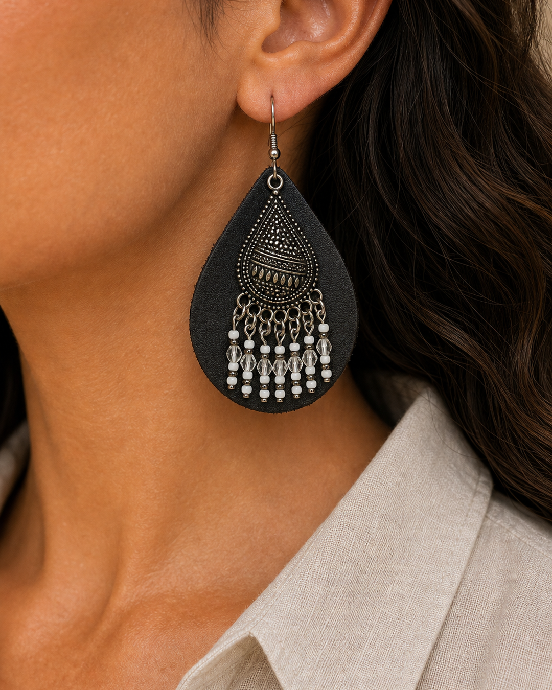 Veyra black leather beaded teardrop earrings with antique silver hook - view 3