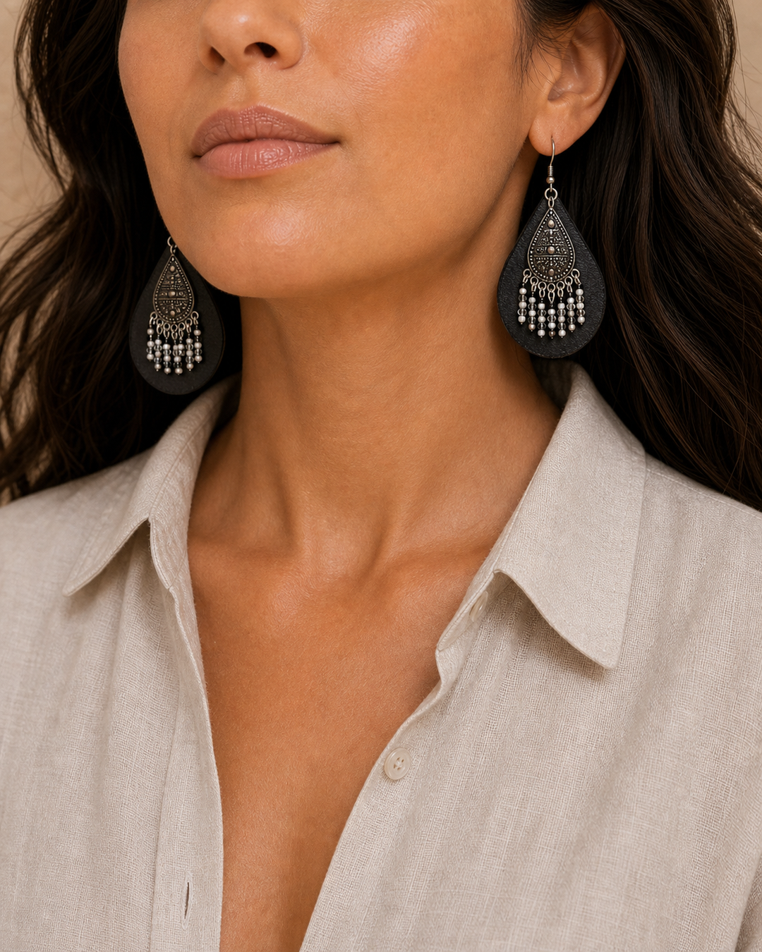 Veyra black leather beaded teardrop earrings with antique silver hook - view 4