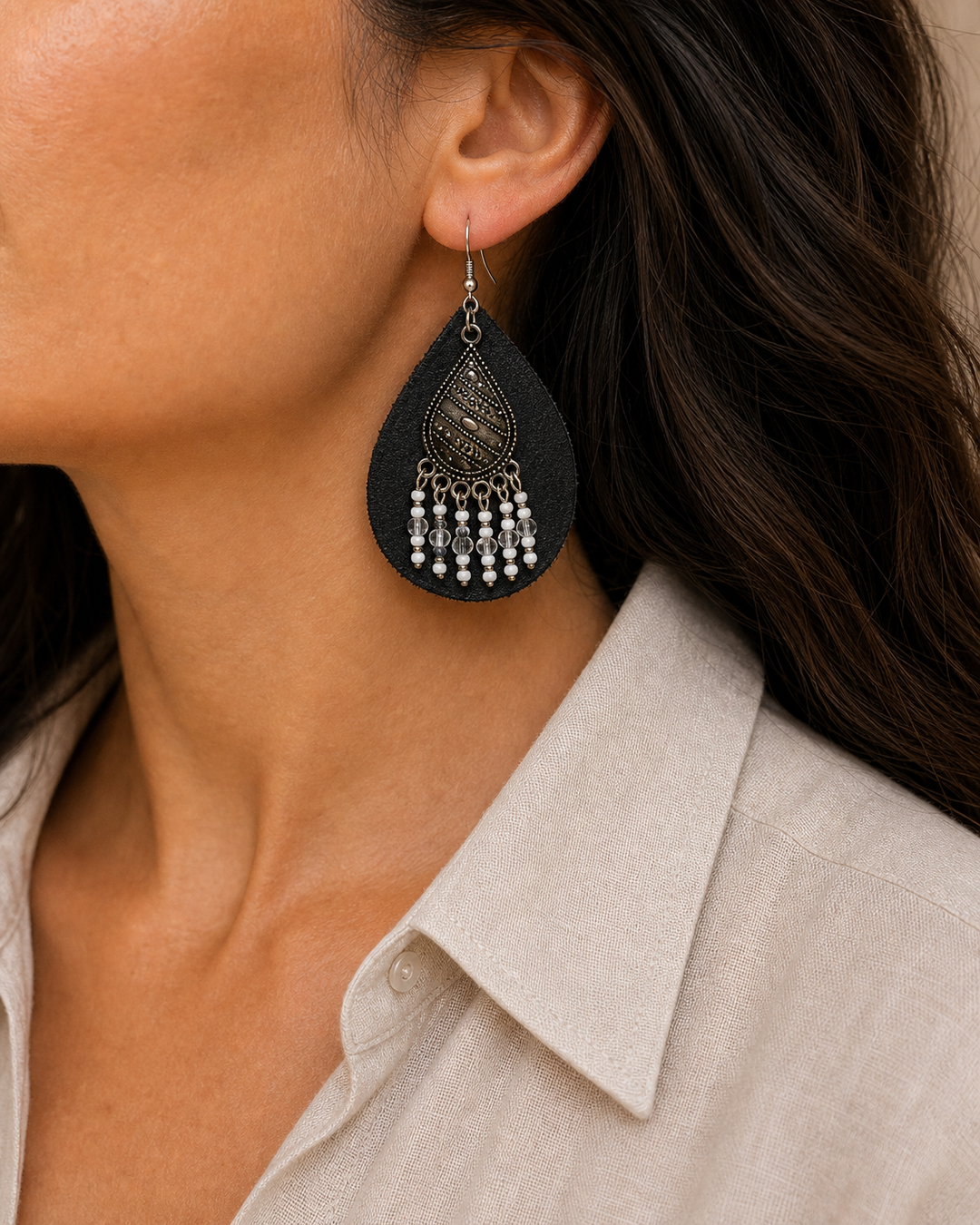 Veyra black leather beaded teardrop earrings with antique silver hook - view 5
