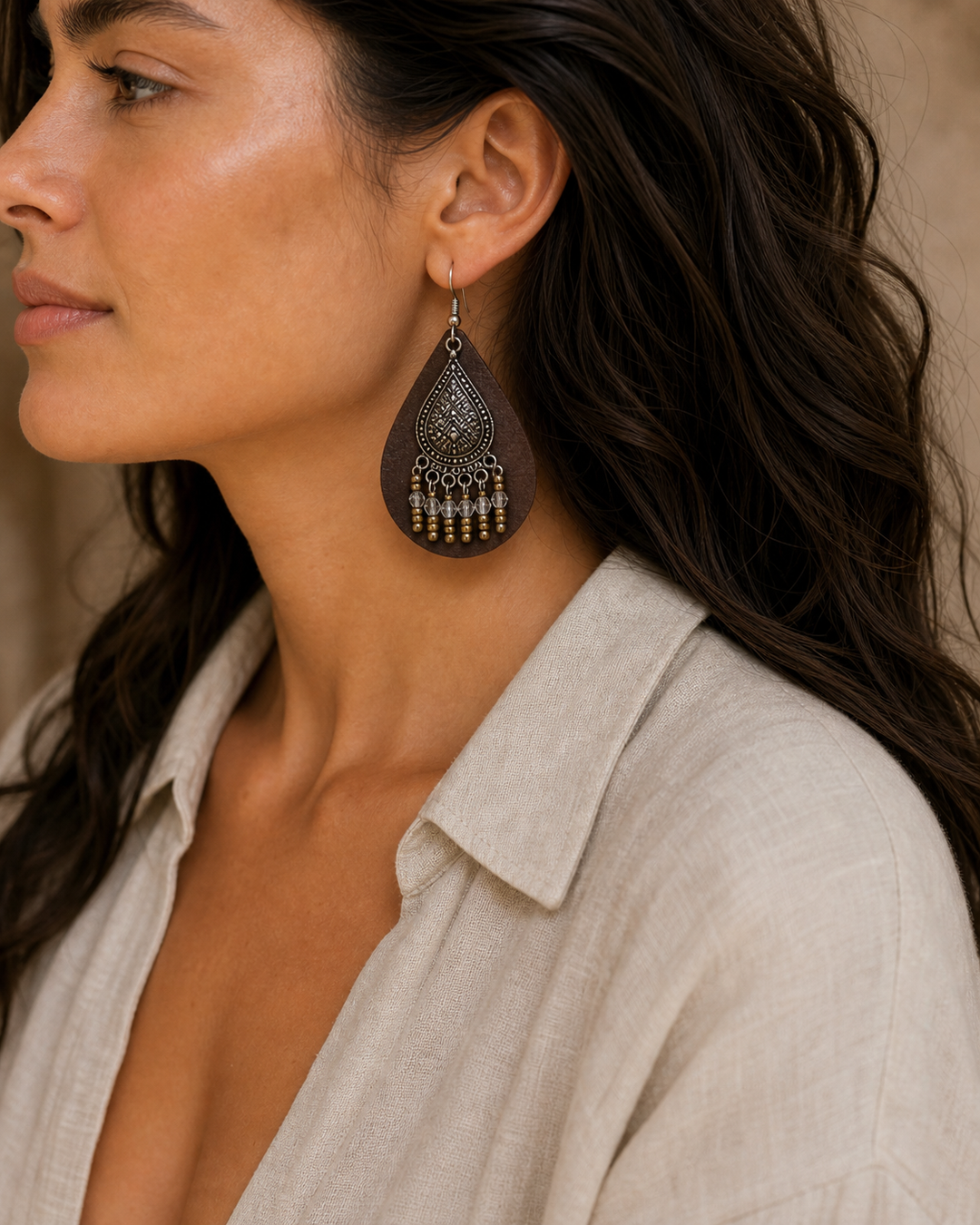 Zarina brown leather beaded teardrop earrings with antique silver hook - view 1
