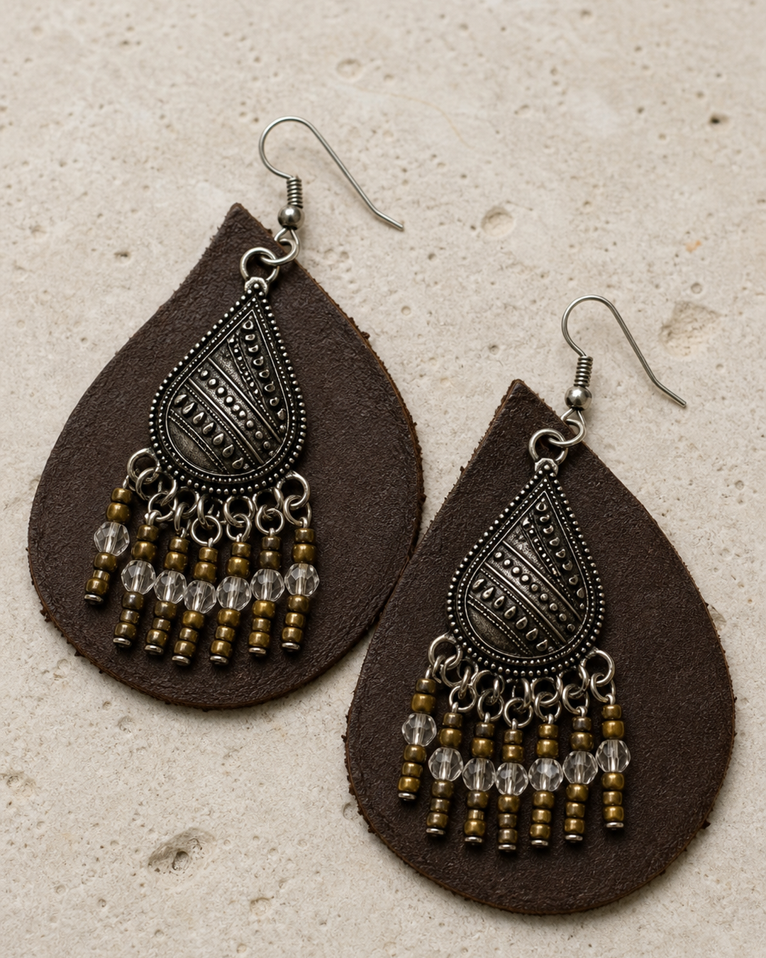 Zarina brown leather beaded teardrop earrings with antique silver hook - view 2