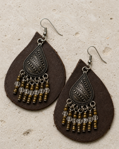 Zarina brown leather beaded teardrop earrings with antique silver hook - view 2