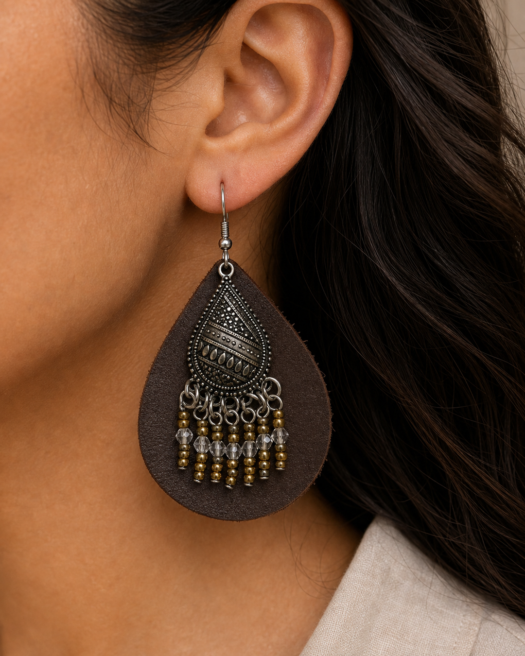 Zarina brown leather beaded teardrop earrings with antique silver hook - view 3