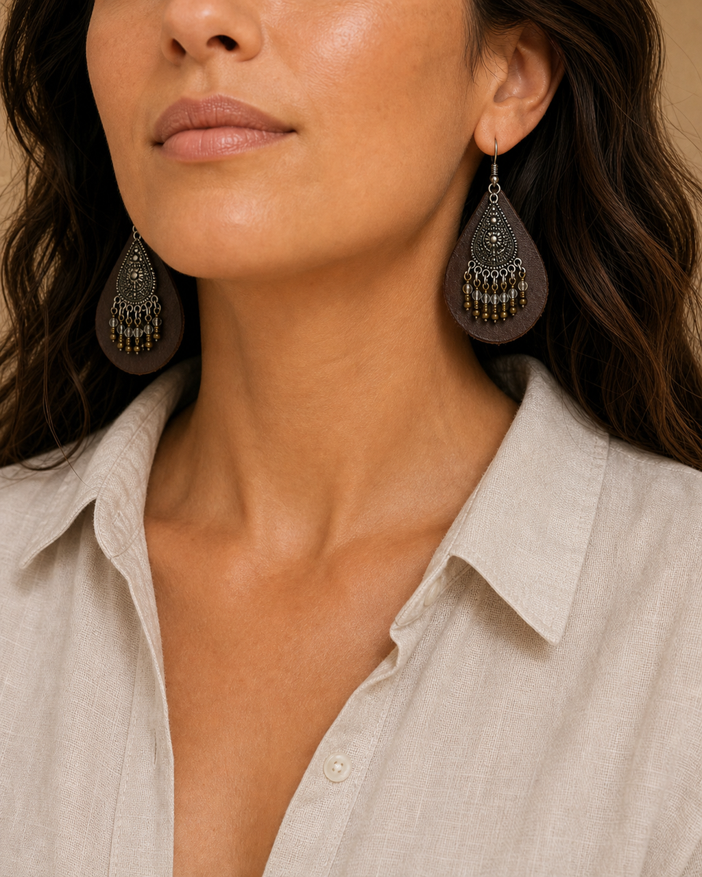Zarina brown leather beaded teardrop earrings with antique silver hook - view 4