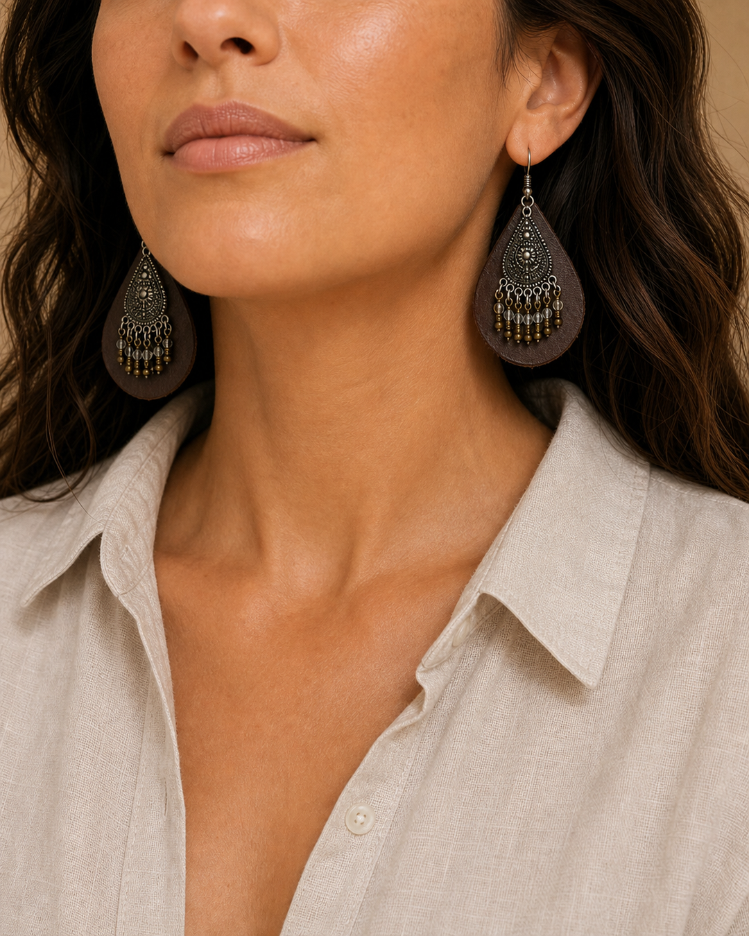 Zarina brown leather beaded teardrop earrings with antique silver hook - view 4