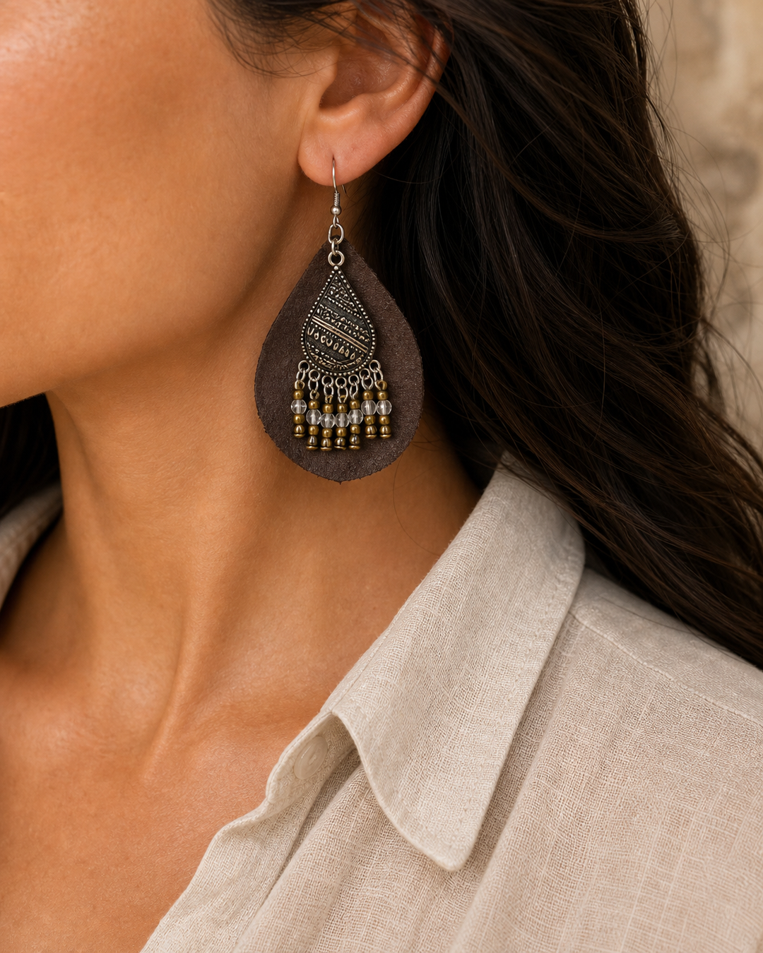 Zarina brown leather beaded teardrop earrings with antique silver hook - view 5