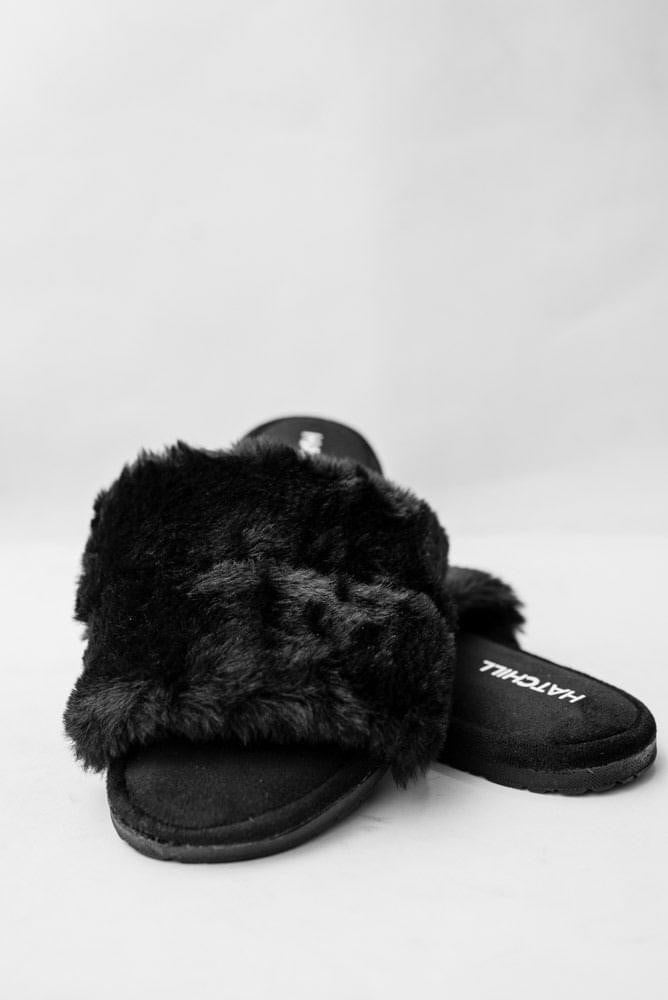 Fluffy Open Toe Slippers - Black - Hatchill