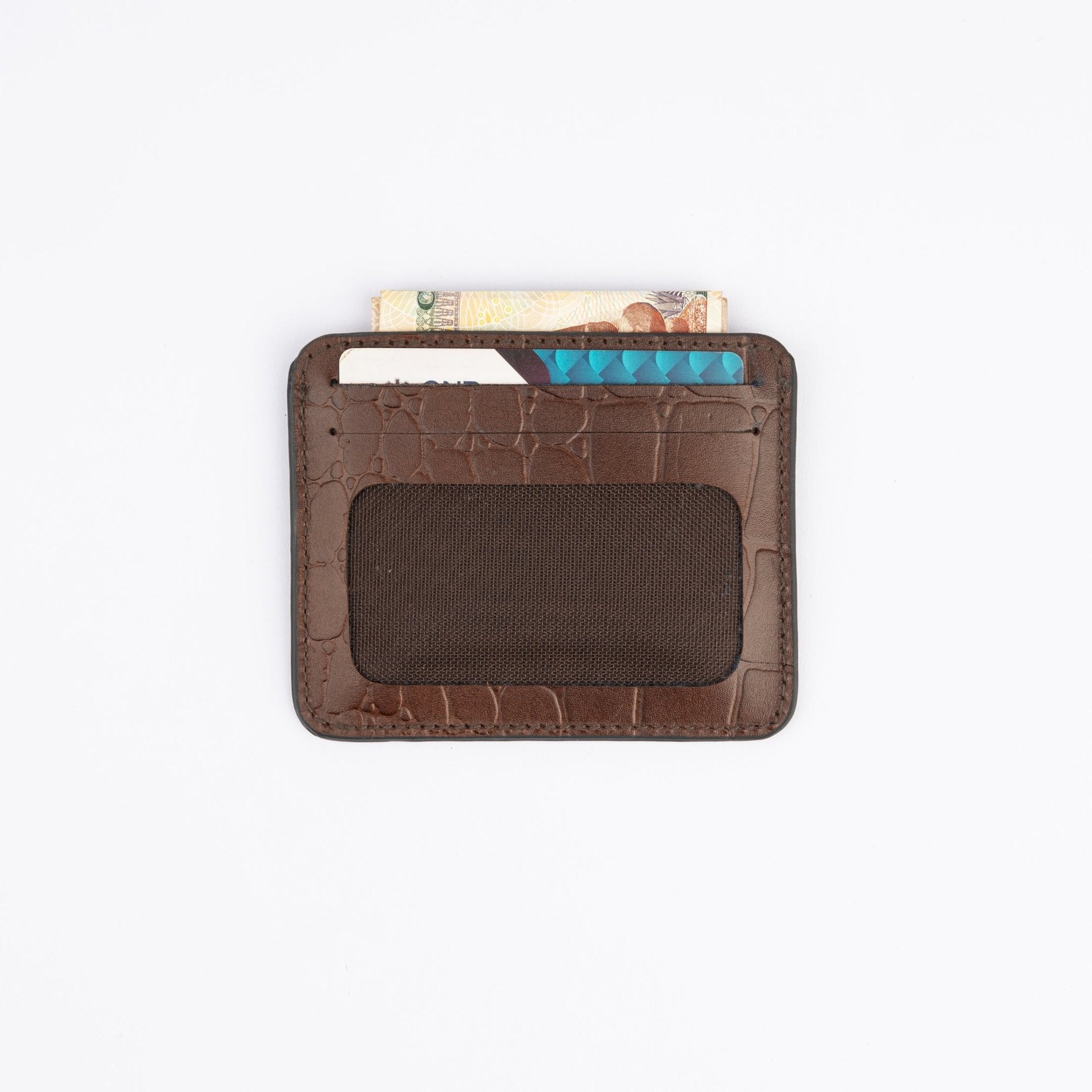 Leather Card Holder - Dark Brown - Crocodile Pattern Secondary image
